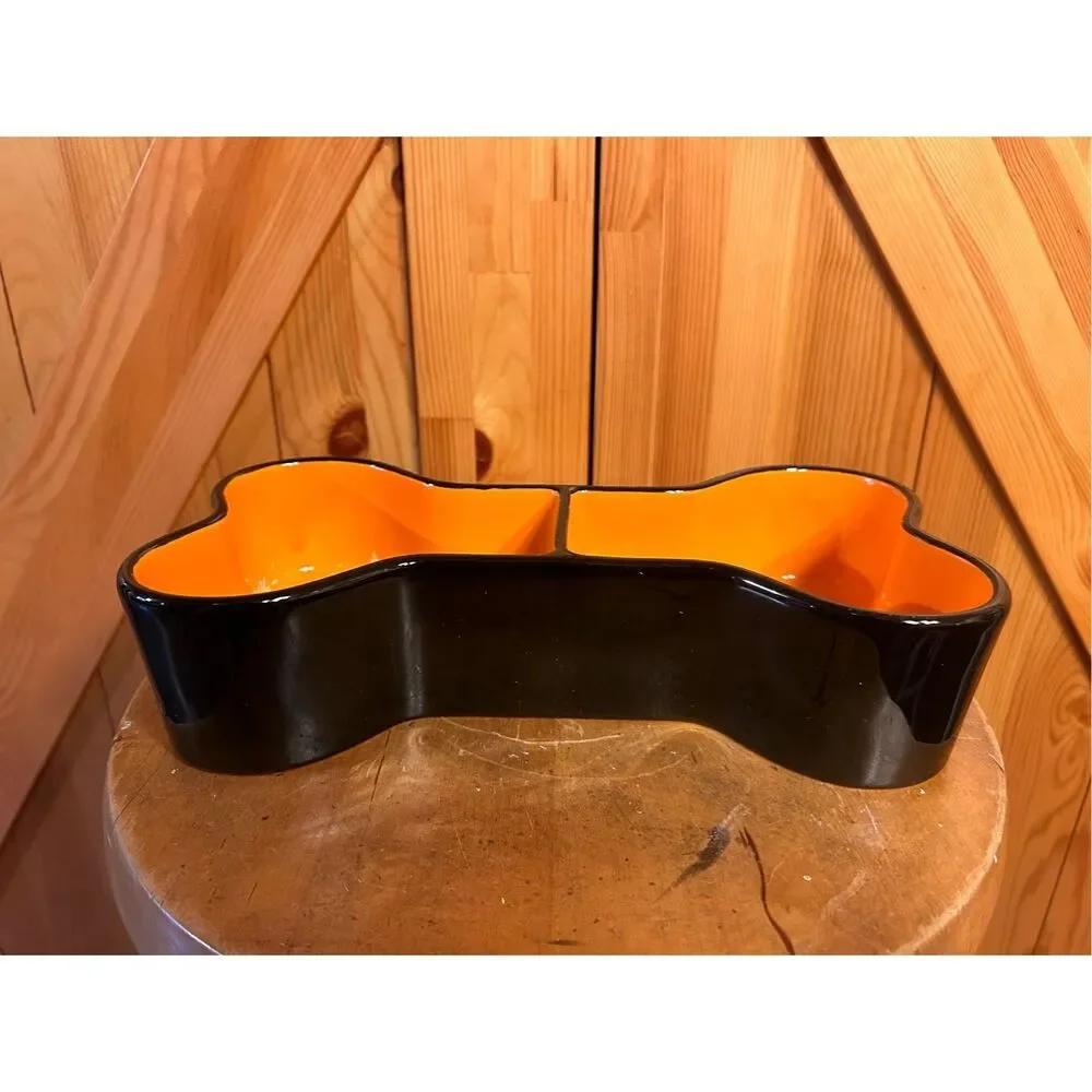 Rae Dunn Artisan Collection Bone Appetit Orange And Black Dog Pet Bowl New in bo